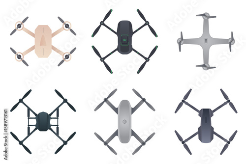 Quadcopter vector collection. Different drones isolated on white.