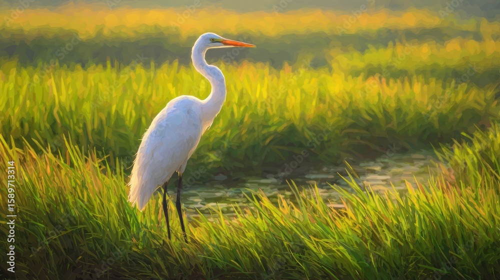 Obraz premium White egret in golden marsh grasses