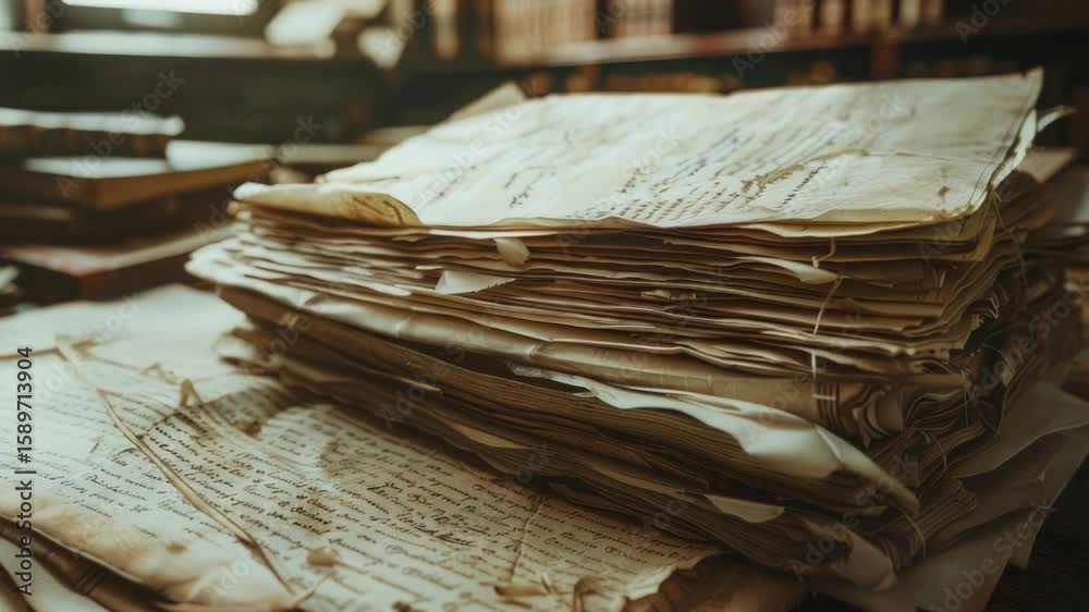 A stack of yellowed papers sits on a worn wooden table, awaiting attention