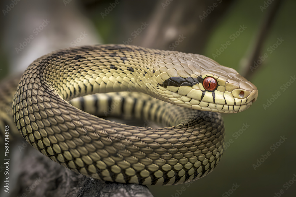 Fototapeta premium A snake is curled up on a branch