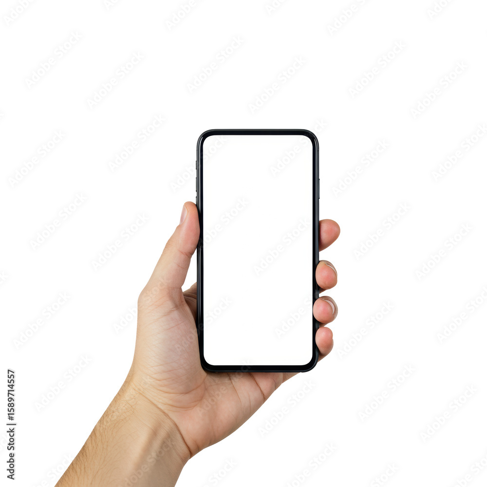 Adult human hand with neutral skin tone holding a modern black smartphone vertically, its blank transparent screen facing viewer, against a transparent background with copy space, studio lighting, Adult human hand with neutral skin tone holding a modern black smartphone vertically, its blank transparent screen facing viewer, against a transparent background with copy space, studio lighting,