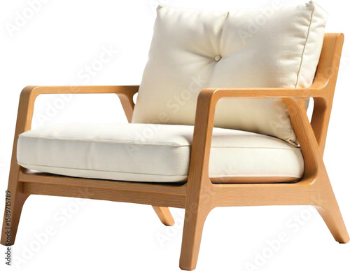 Minimalist wooden armchair with light beige cushions, modern design, isolated on white background.