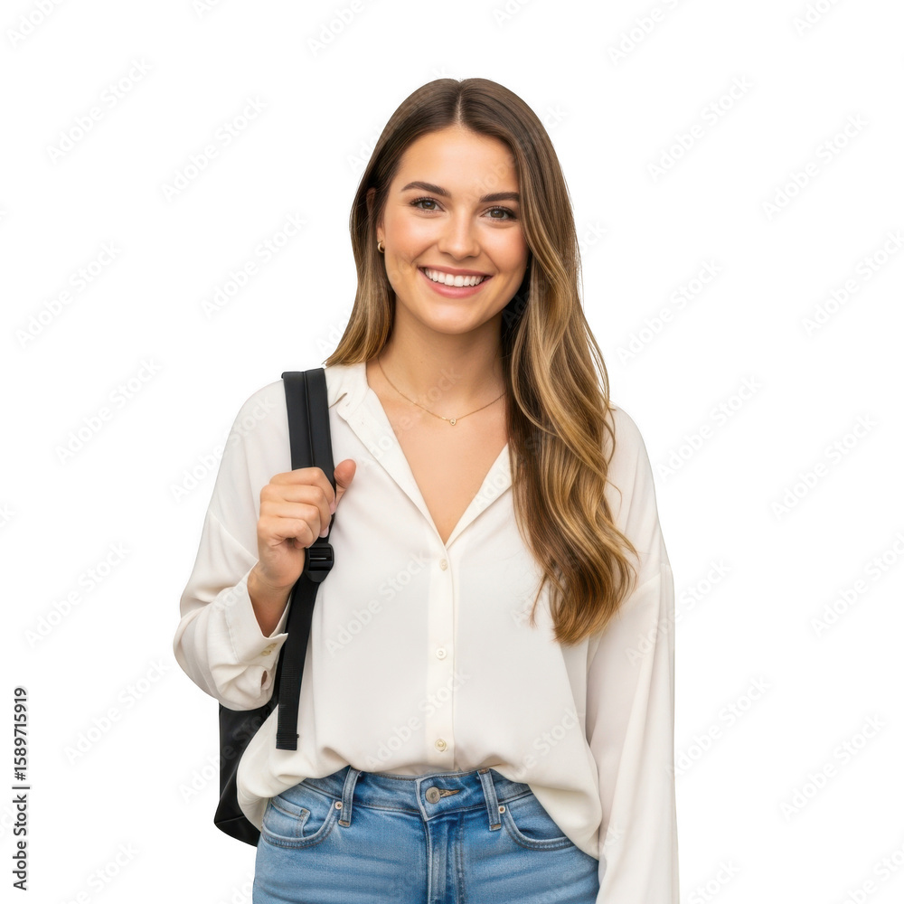 Fototapeta premium Happy young woman with backpack isolated on transparent background, ready for college