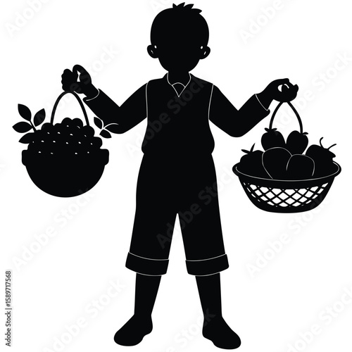 Boy holding baskets of fruit and berries silhouette