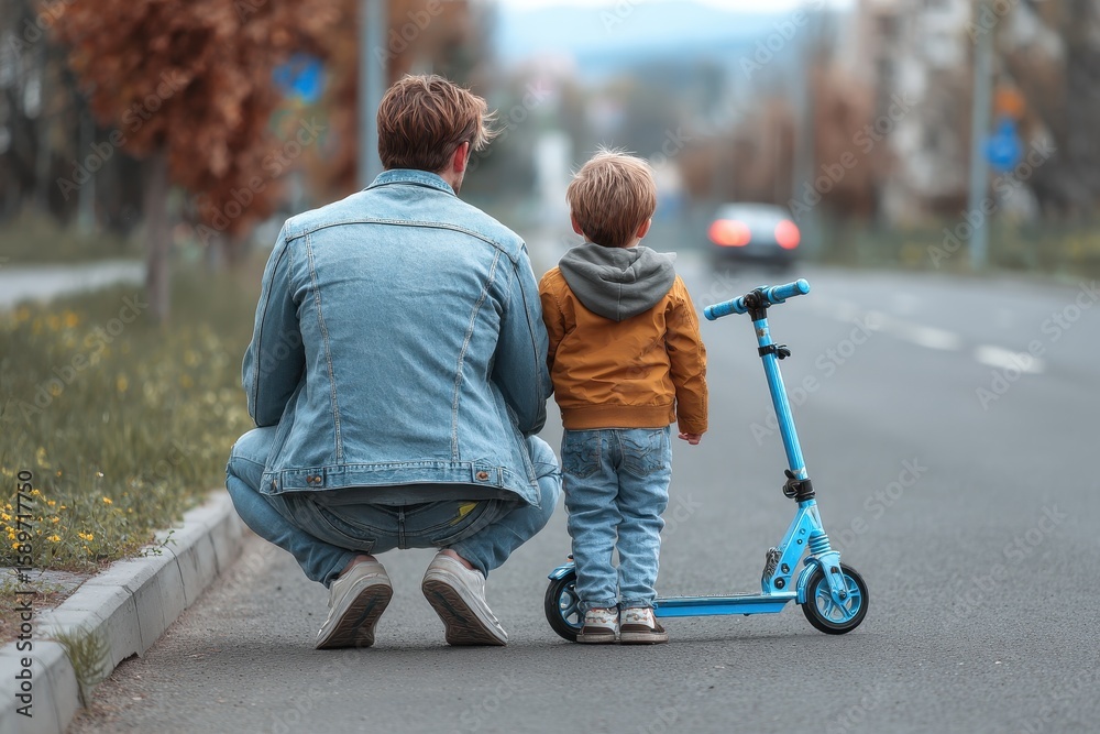 Obraz premium A young dad knelt to speak with his toddler son while walking outside The scene is viewed from behind with both wearing jeans and jackets and a blue scooter nearby on the road