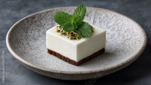 Wallpaper Mural A minimalist white cube made of coconut mousse with a hidden passionfruit core, presented on a concrete slab with one single mint leaf. Pure symmetry, monochrome elegance, zen-insp Torontodigital.ca