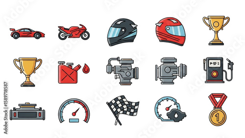 Motorsports Vector Icon Set – Racing, Motorcycle, Trophy, Engine, and Speed Competition Icons with Adjustable Line Weight

