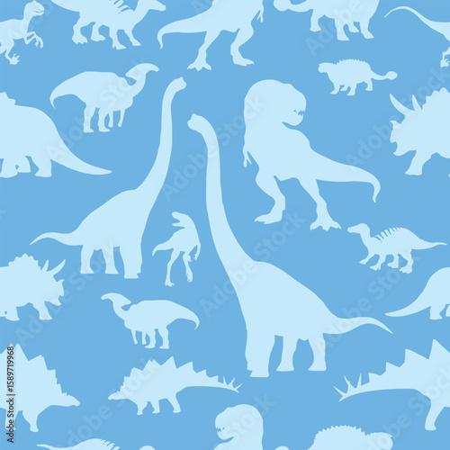 Light blue seamless pattern featuring silhouettes of different popular dinosaur species, ideal for children's designs and backgrounds