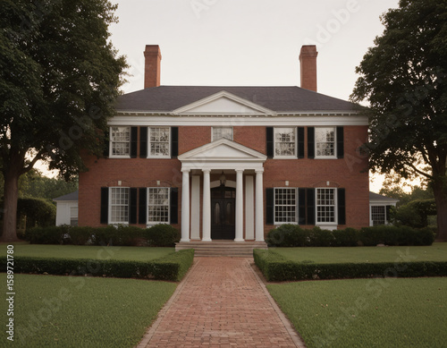 classic colonial brick house with symmetrical facade and white columns