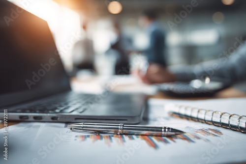 Business professionals convene with laptops calculators notepads and stock charts to strategize on quality enhancements for next month in a corporate conference