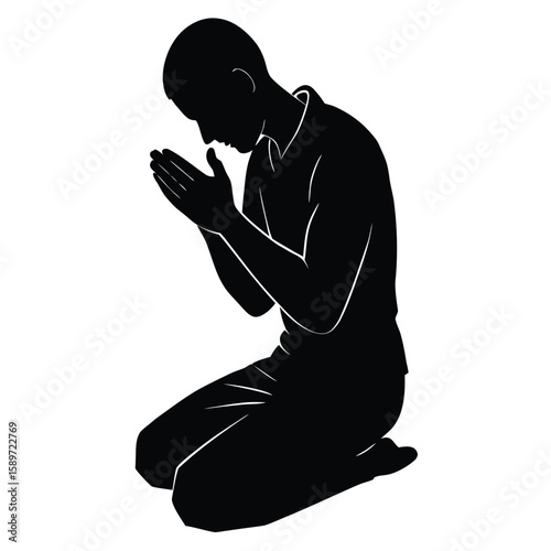 Man praying kneeling black silhouette white