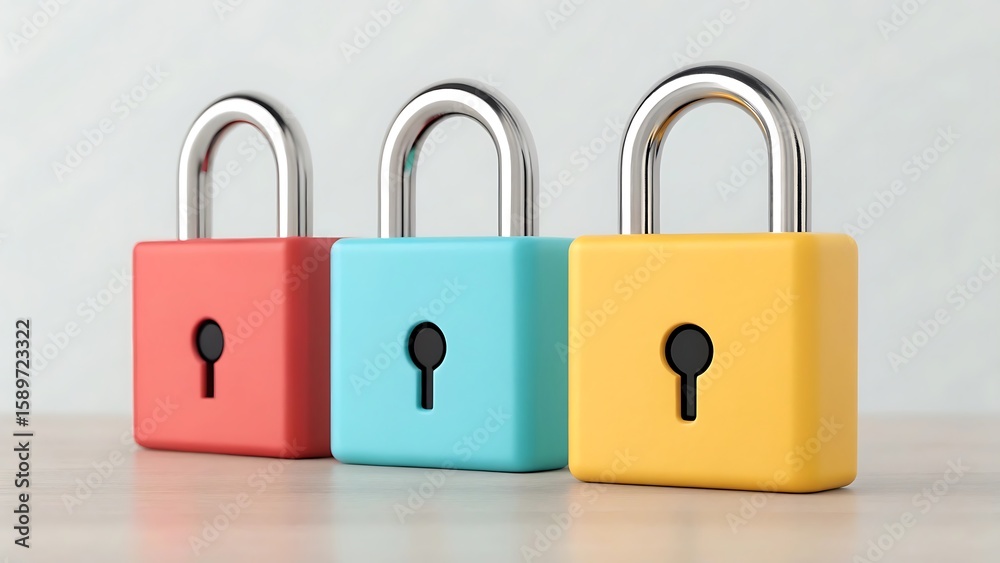 Naklejka premium Three colorful padlocks, red, blue and yellow, stand side by side on a reflective surface, symbolizing security and protection isolated on white background