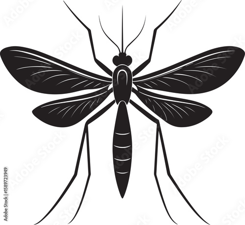 Black and white graphic illustration of a mosquito insect with detailed wings and body structure