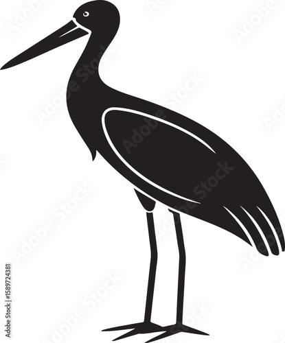 Black and white illustration of a standing stork bird on a clean white background