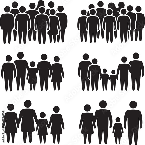 Vector crowd people family group icon set illustration silhouette community population gathering team
