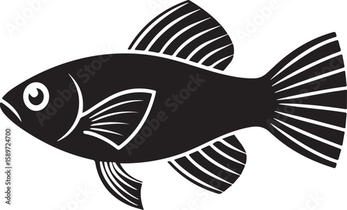 Black and white silhouetted fish illustration in a simple flat and minimalist design
