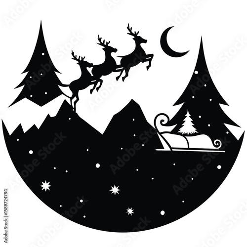 Reindeer sleigh flying crescent moon winter night christmas