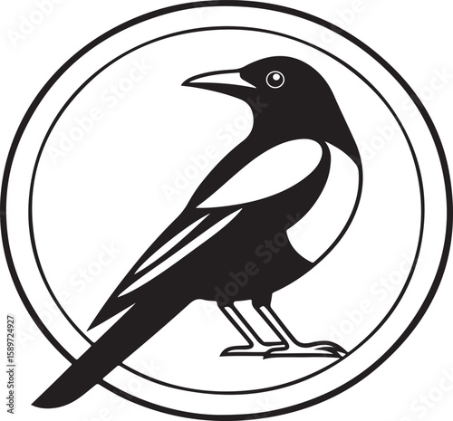 Black and white vector illustration of a stylized magpie bird in a circular emblem