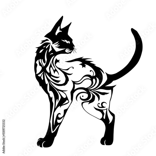 elegant cat silhouette with ornate tribal patterns