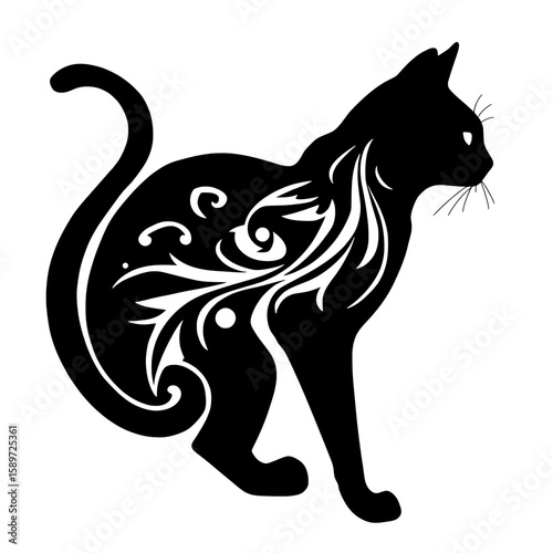 decorative cat silhouette vector with tattoo design
