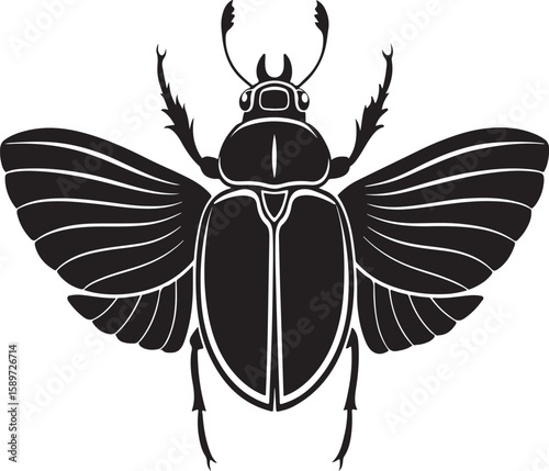 Detailed black and white illustration of a scarab beetle with open wings isolated on white background