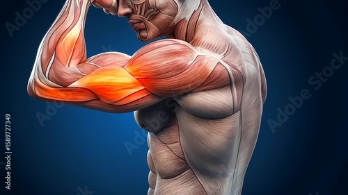 Anatomical illustration of a muscular human arm flexing, showcasing muscle structure and definition