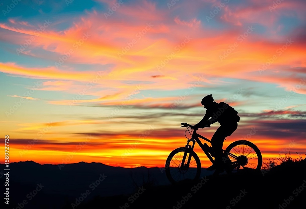 Obraz premium Mountain biker silhouette at sunset, majestic peak, hills, rider