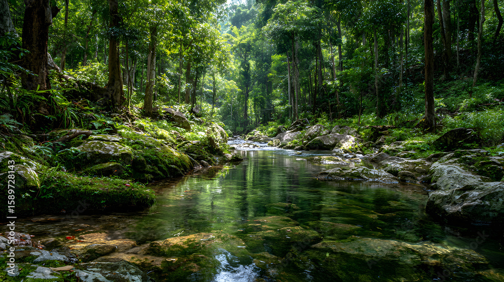 Obraz premium Green forest in sunlight with forest stream
