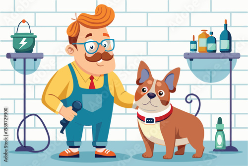 Cartoon pet fun: cute puppy, cat, and man with dog