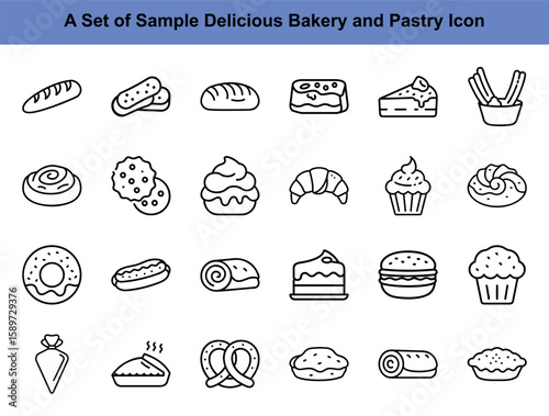 Various bakery and pastry items display an assortment of delicious, appetizing desserts in minimalist line art