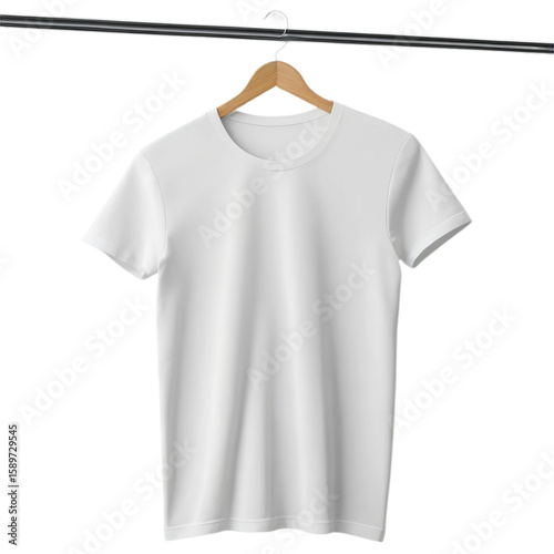 Blank White T-Shirt Mockup on Hanger: A pristine white t-shirt hangs neatly on a wooden hanger, ready for your design. Perfect for showcasing your brand or artwork.
