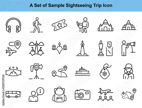 Various outlined icons represent sightseeing and travel activities on a plain white background are visually appealing