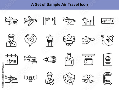 An array of air travel related line icons showcases aviation and security procedures