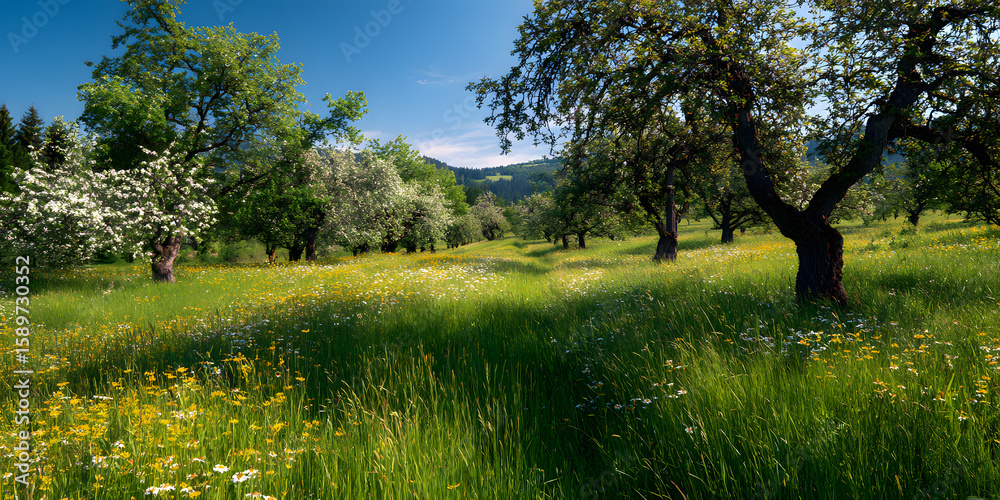 Fototapeta premium Grüne Wiese mit Obstbäumen bei Sonnenschein