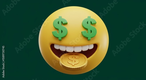  A 3D render of the money mouth face emoji with green dollar signs for eyes and a gold coin tongue on a solid dark green background