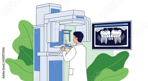 Modern dental clinic featuring advanced diagnostic equipment and expert dental professional examining patient records on screen