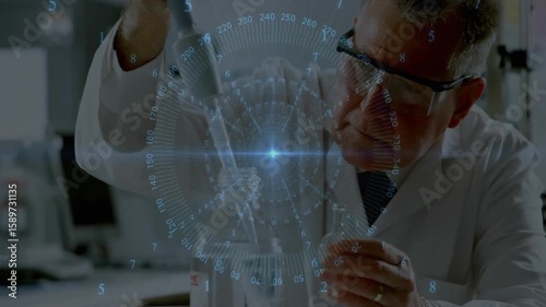 Senior scientist in lab activating pipette drawing dispensing fluid while hologram tracking clarity