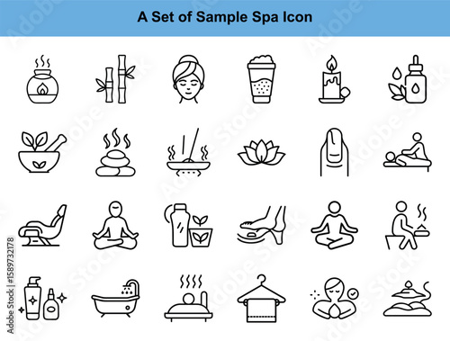 Line art showcases diverse wellness and relaxation icons symbolizing spa treatments and selfcare practices