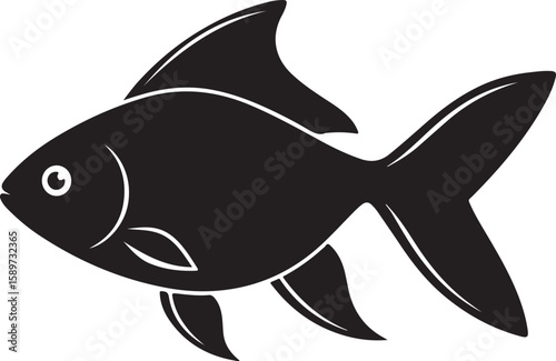 Simple black and white silhouette illustration of a goldfish aquatic animal on white background