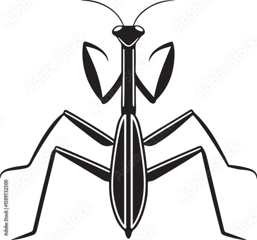 Simple black and white vector illustration of a praying mantis insect on a white background