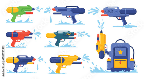 Collection of brightly colored water guns and backpack sprayers ready for summer fun outdoor activities and playtime