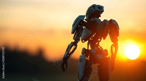 A futuristic robot stands silhouetted against a vibrant golden and orange sunset, evoking themes of artificial intelligence and an imagined future