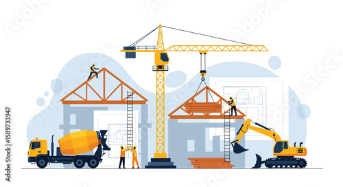 Construction site development with heavy machinery and workers building houses