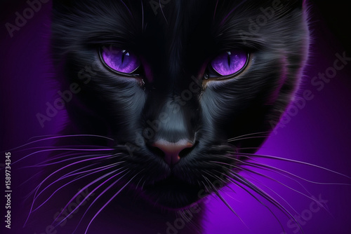 Close up of a black cat on purple background.