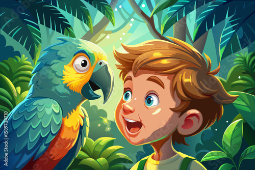 Boy listening to a parrot "talk", his face filled with amazement