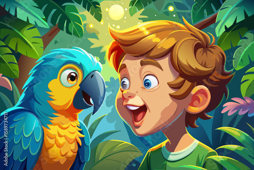Boy listening to a parrot "talk", his face filled with amazement