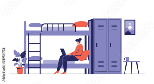 Young woman sitting on lower bunk of a hostel room using a laptop with lockers and a plant in the background