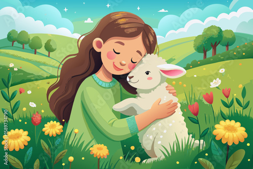 Girl and lamb hugging in a green meadow — pure joy and tenderness