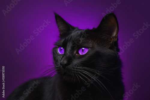 Close up of a black cat on purple background.