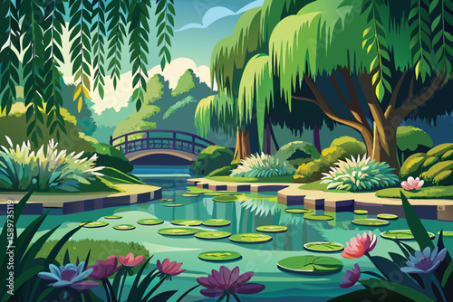 A vibrant Thai tropical garden bursts with colorful flowers and lush plants, featuring a tranquil pond reflecting the surrounding palm trees and a serene river winding through the landscape